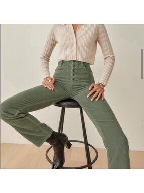 Reformation Cynthia Corduroy High Rise Button Fly Straight Leg Pants Green 27